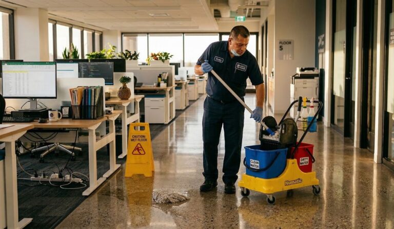 Professional cleaner using a dual-cavity mop bucket and a yellow "Caution Wet Floor" sign in a modern office hallway.