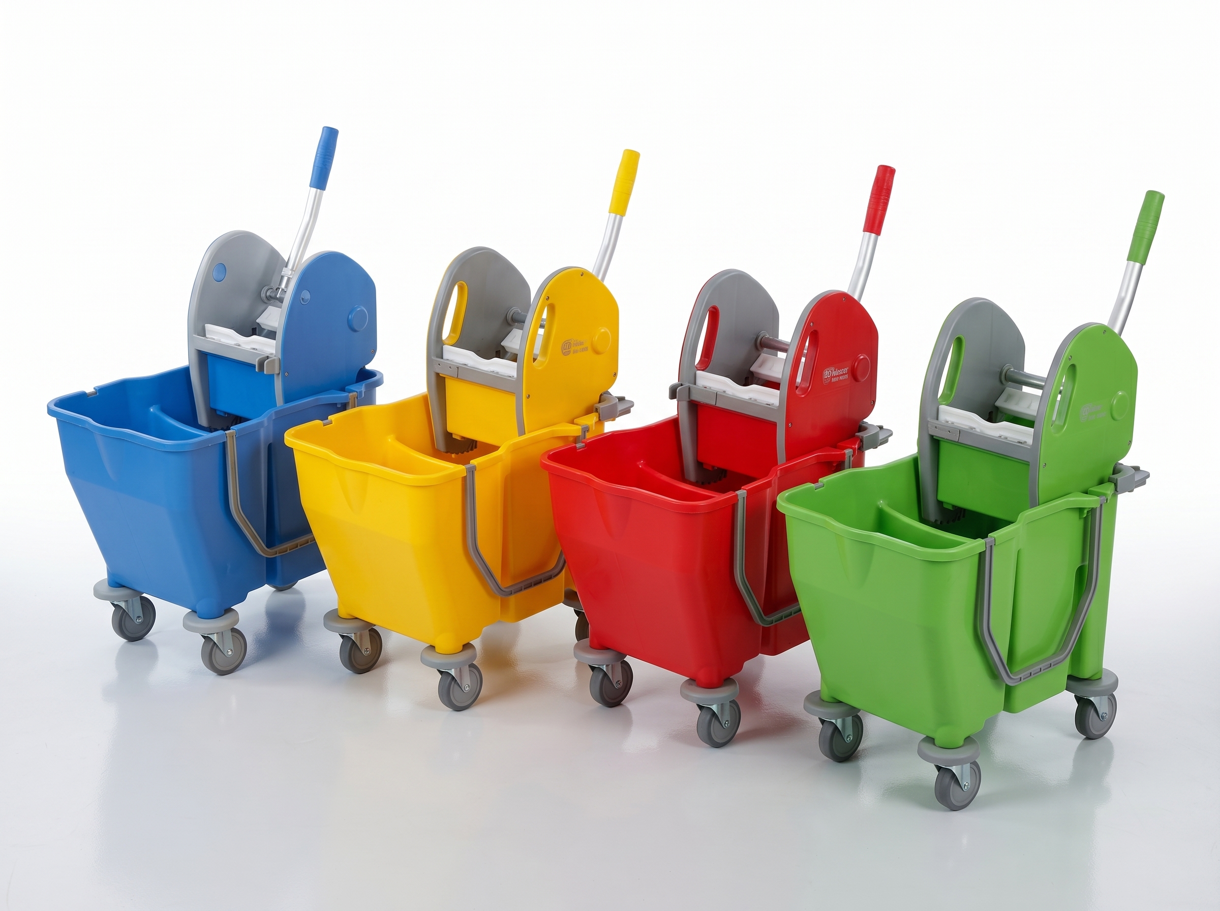 Double mop bucket trolley in red, yellow, blue and green