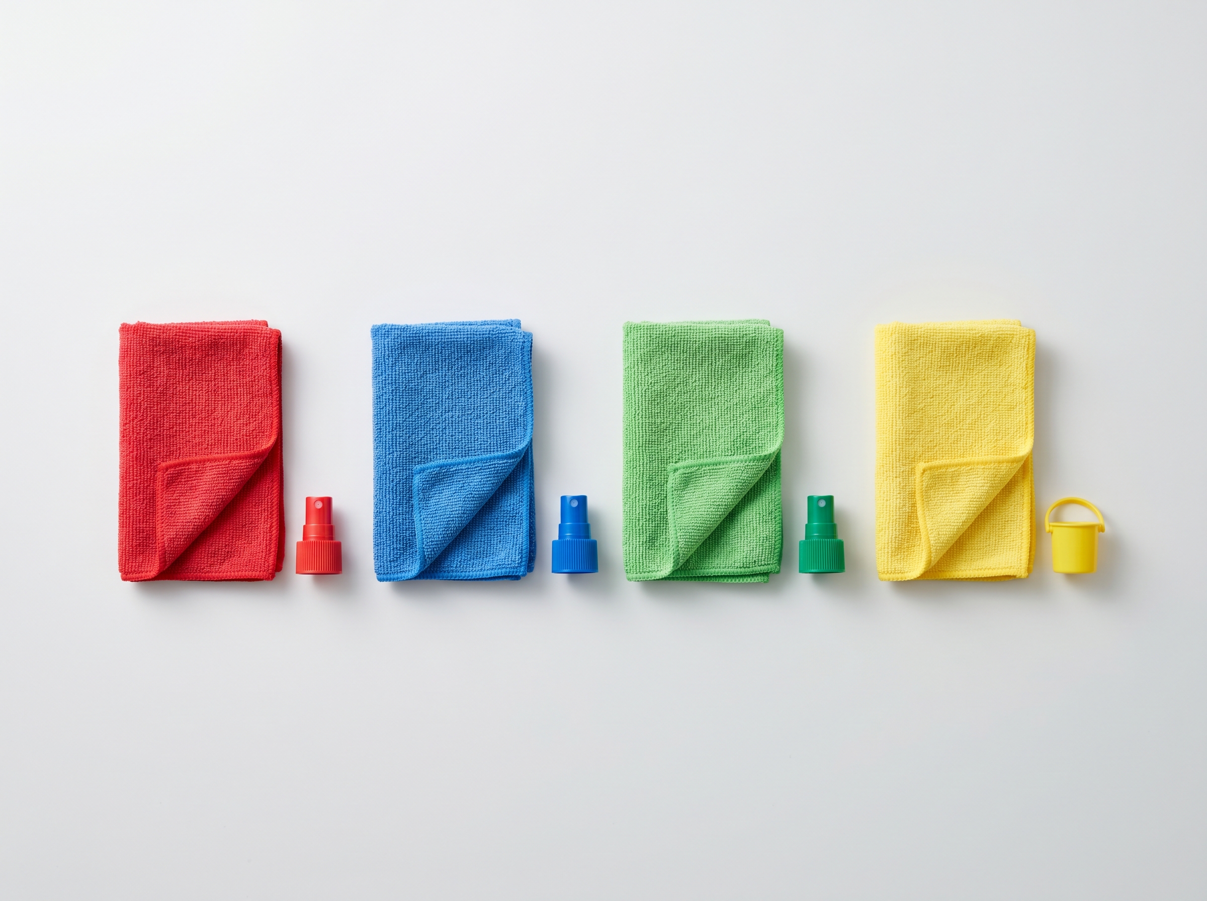 Color-coded mop heads and cleaning cloths in red, blue, green and yellow arranged on a cart