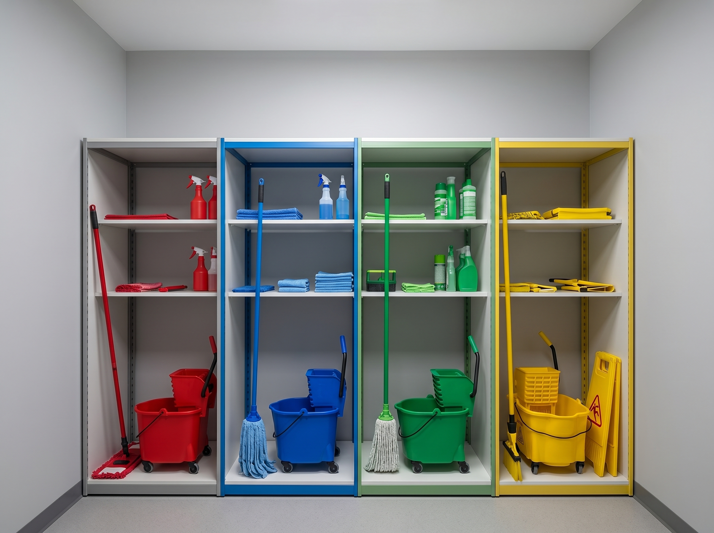 Cleaning storage room with shelving organized by red, blue, green and yellow zones