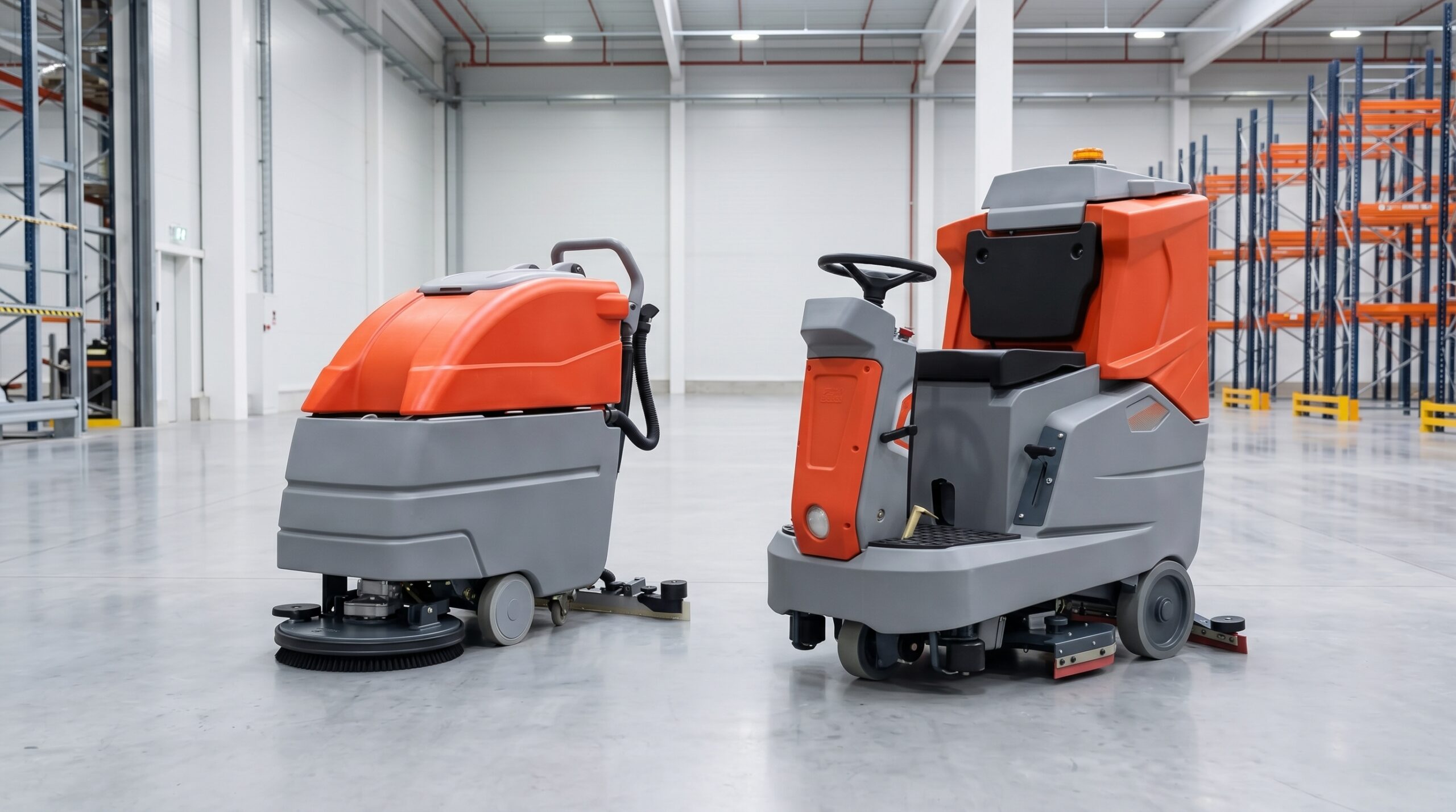 Walk-behind floor scrubber and ride-on floor scrubber side by side in a warehouse