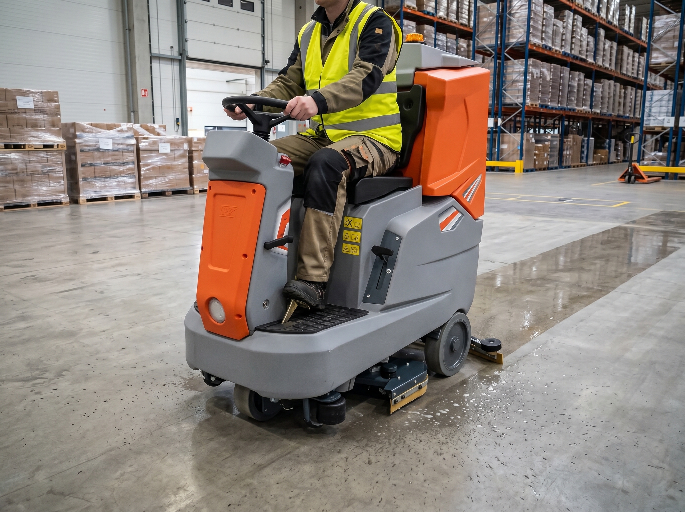 Ride-on floor scrubber cleaning a large warehouse floor