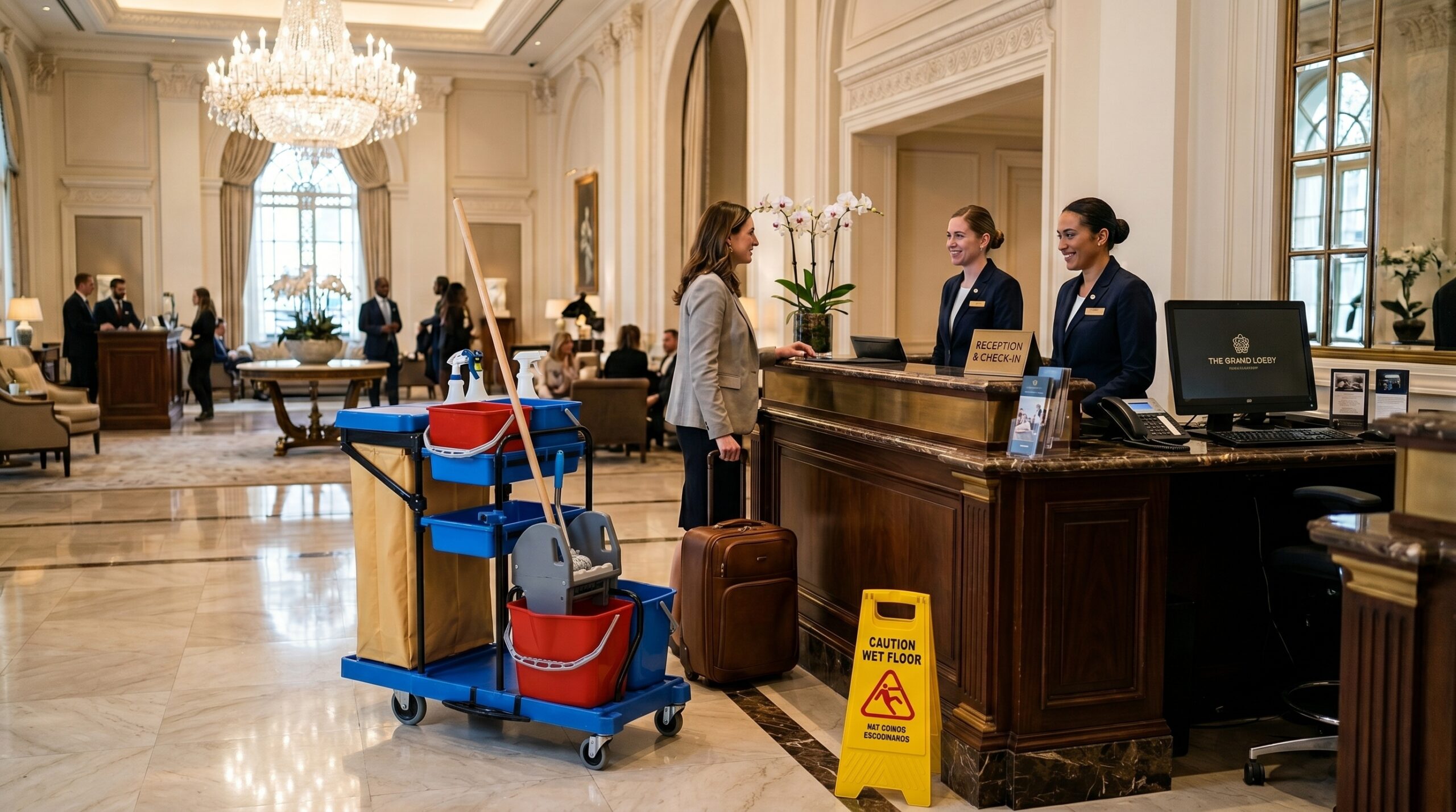 Mop bucket trolley with Kentucky mop parked beside a hotel reception desk