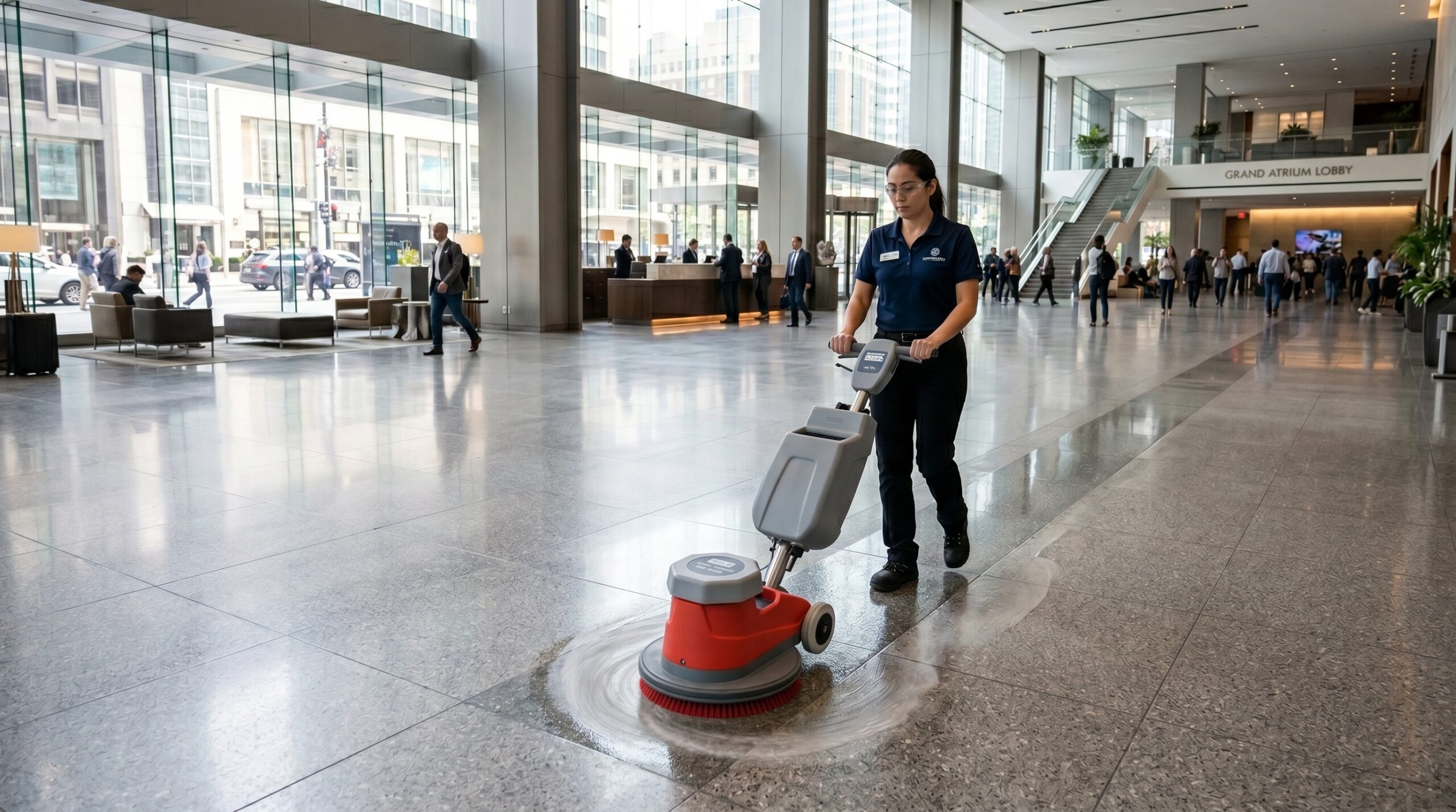 Single disc floor scrubber machine in use on a large hotel lobby floor