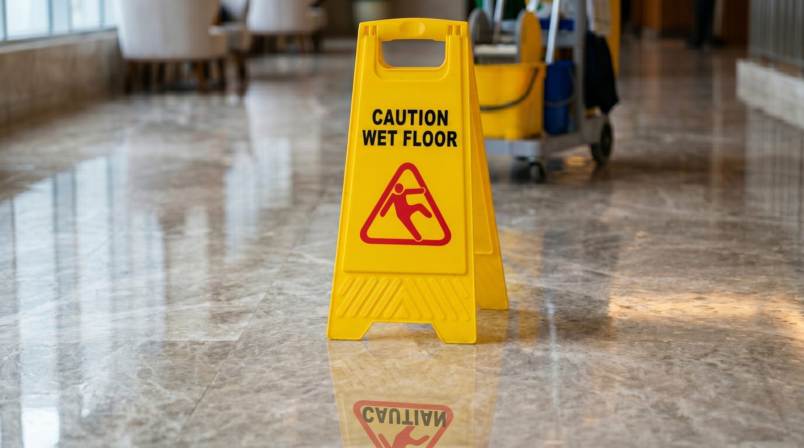 Caution wet floor cleaning in progress sign on a polished marble hotel lobby floor