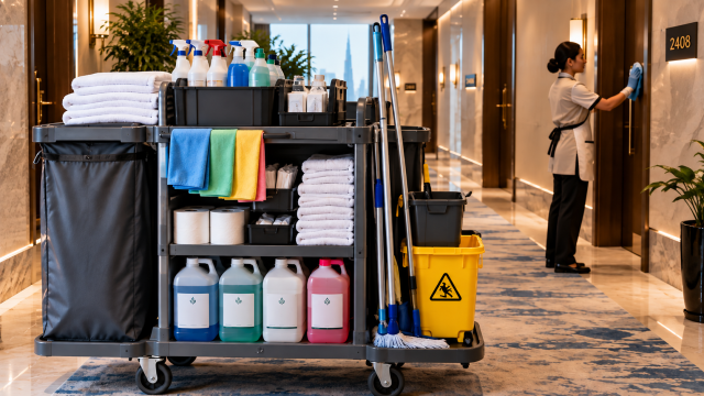 Housekeeping trolley stocked with janitorial supplies in a Dubai hotel corridor