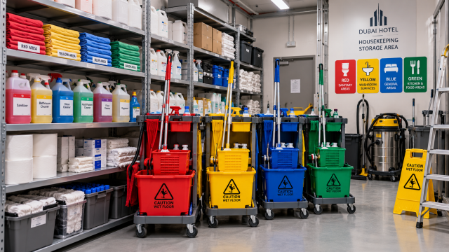 Colour-coded mop trolleys and janitorial equipment in a back-of-house store
