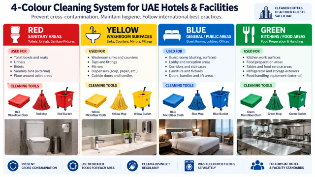 Four-colour cleaning colour coding chart for UAE hotels and FM operations