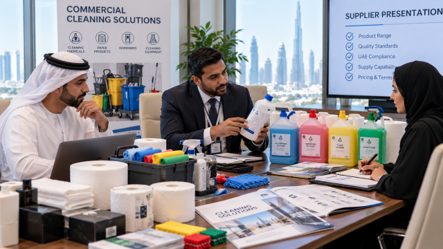 Procurement manager reviewing cleaning supplies with a UAE supplier