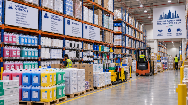 Warehouse stock of cleaning chemicals and janitorial consumables in the UAE